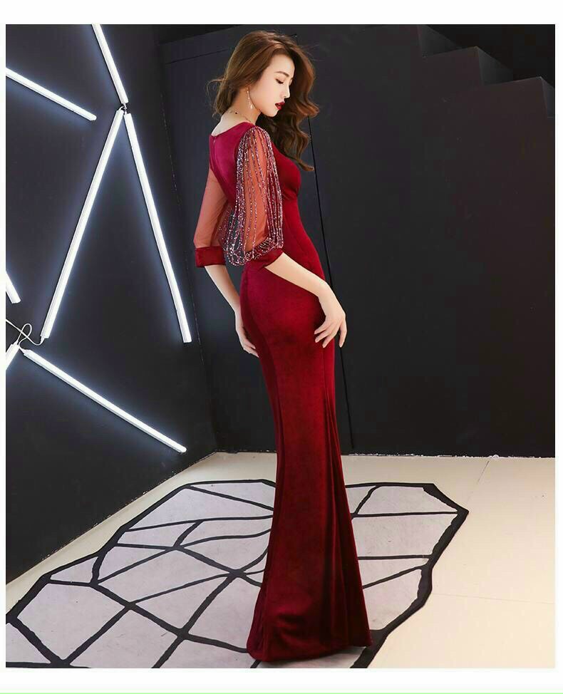 Đầm Dại Hội Nhung Cổ V Tay Đính Hạt  Cao Cấp - HN878